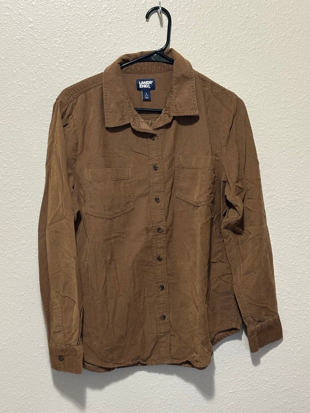 Women’s Lands' End Brown Corduroy Long Sleeve Shirt 100% Cotton, size L 14-16